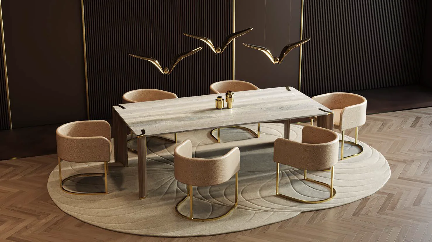 Custom Italian dining room with a marble table, gold leather chairs and a bird-shaped chandelier
