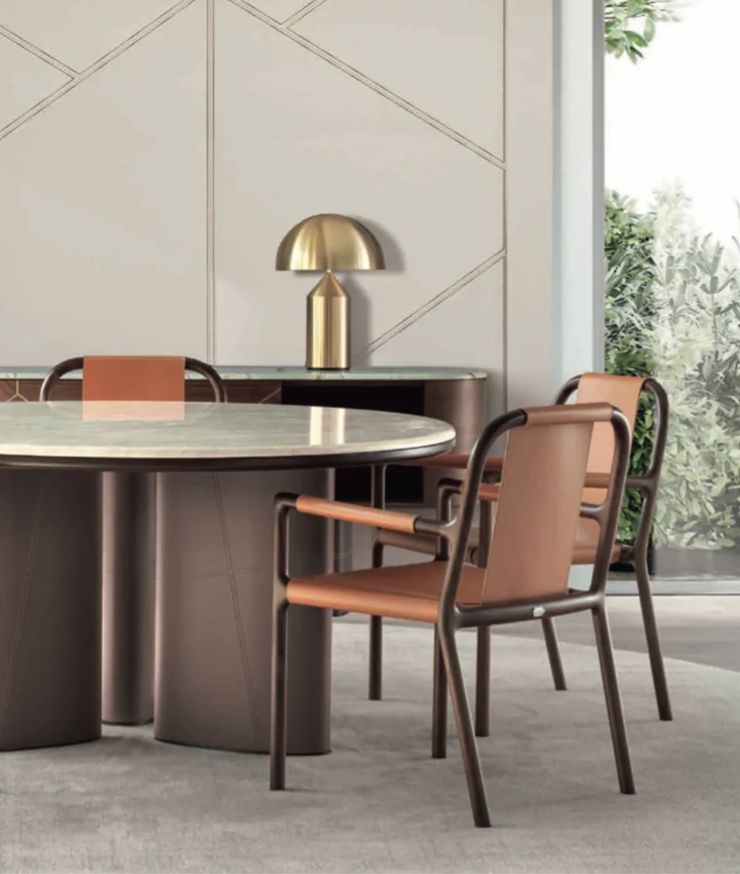Modern Italian round dining table with leather chairs and a brass table lamp