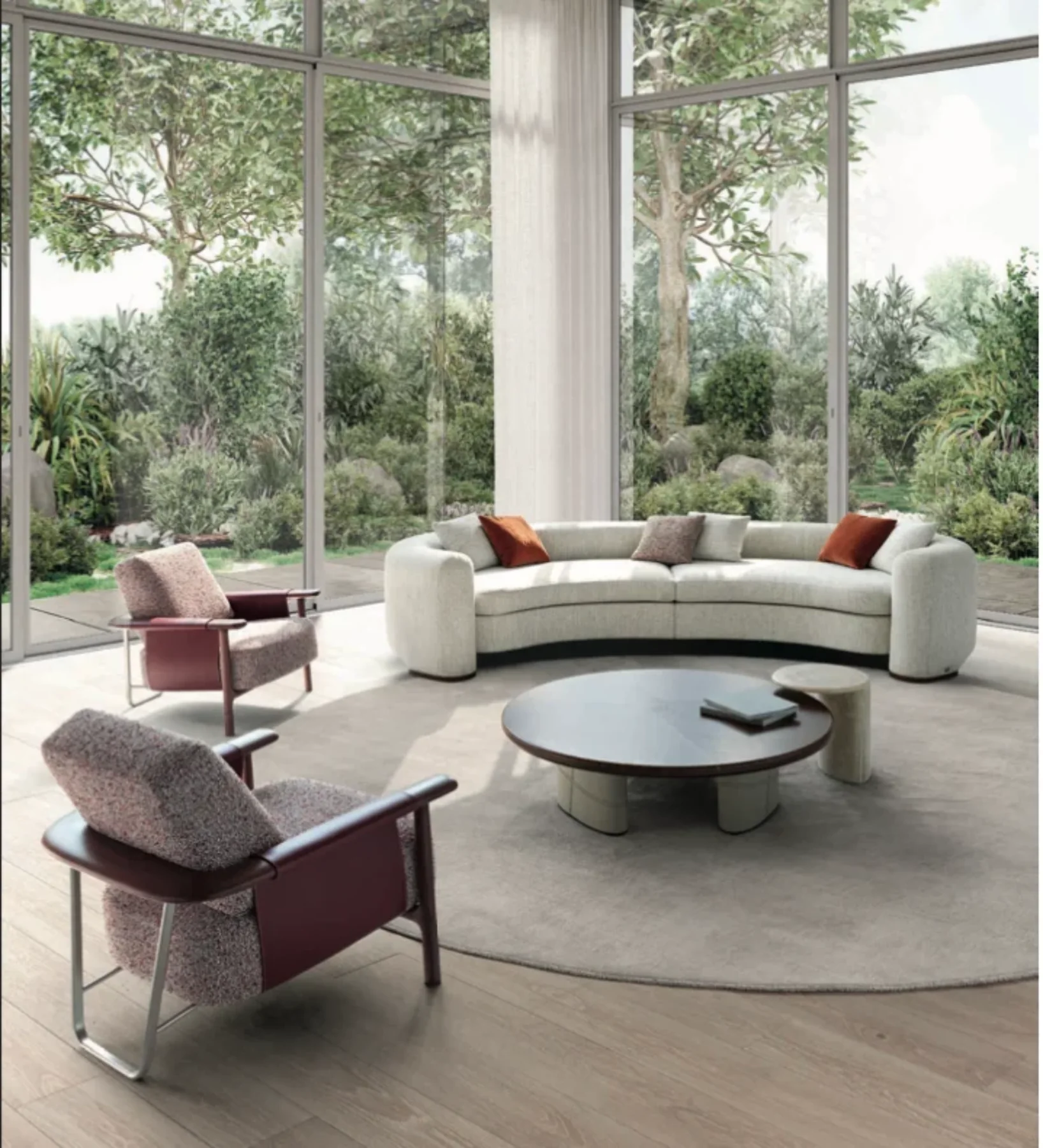 Modern Italian living room with a curved white sofa, round coffee table and armchairs by a glass wall
