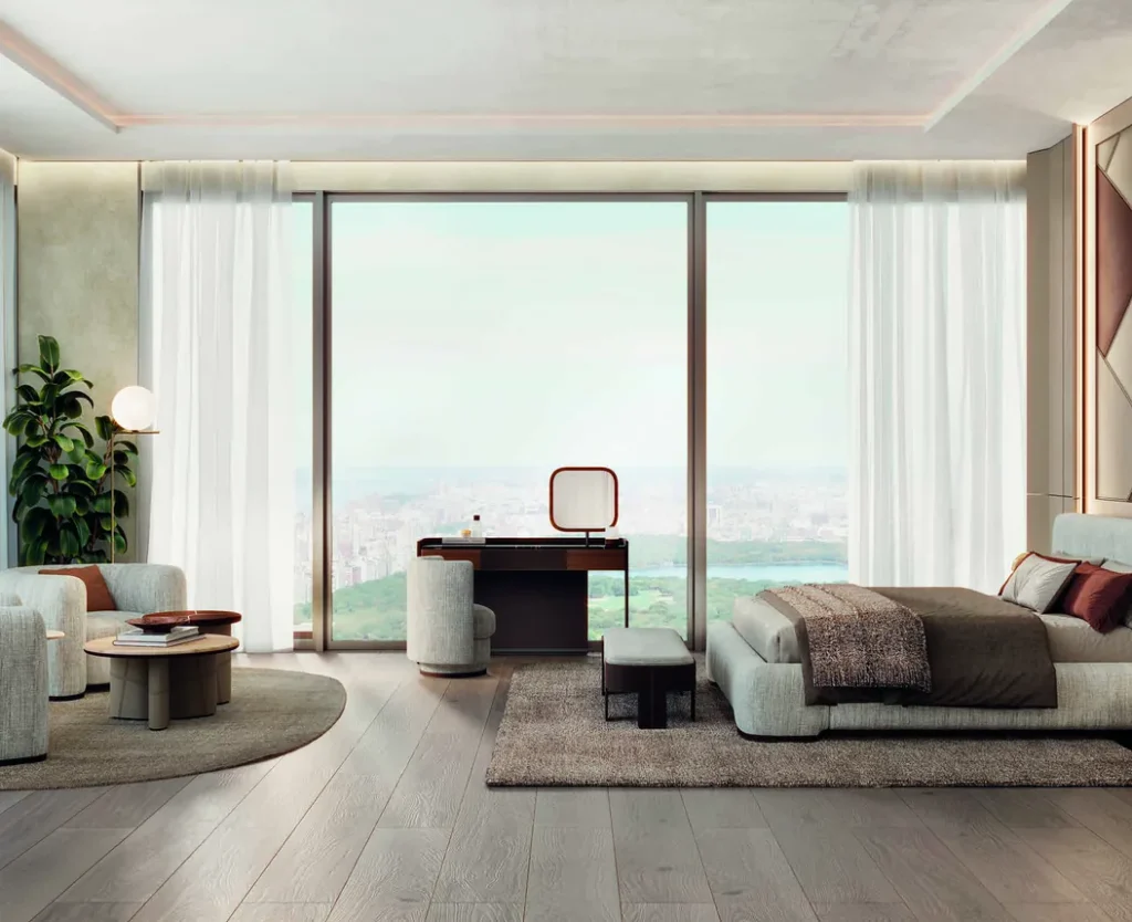 Italian bedroom suite with sitting area and a city view