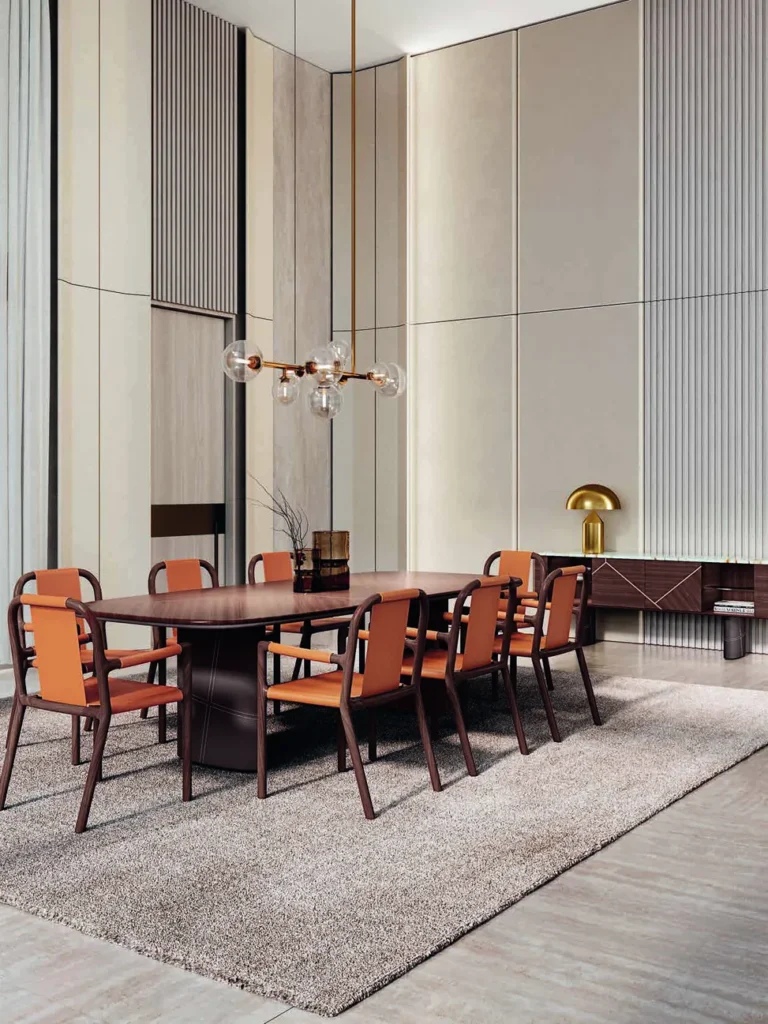 Italian dining table with leather chairs under a pendant light