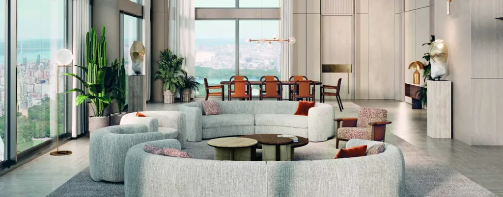Curved Italian sofas around a round coffee table
