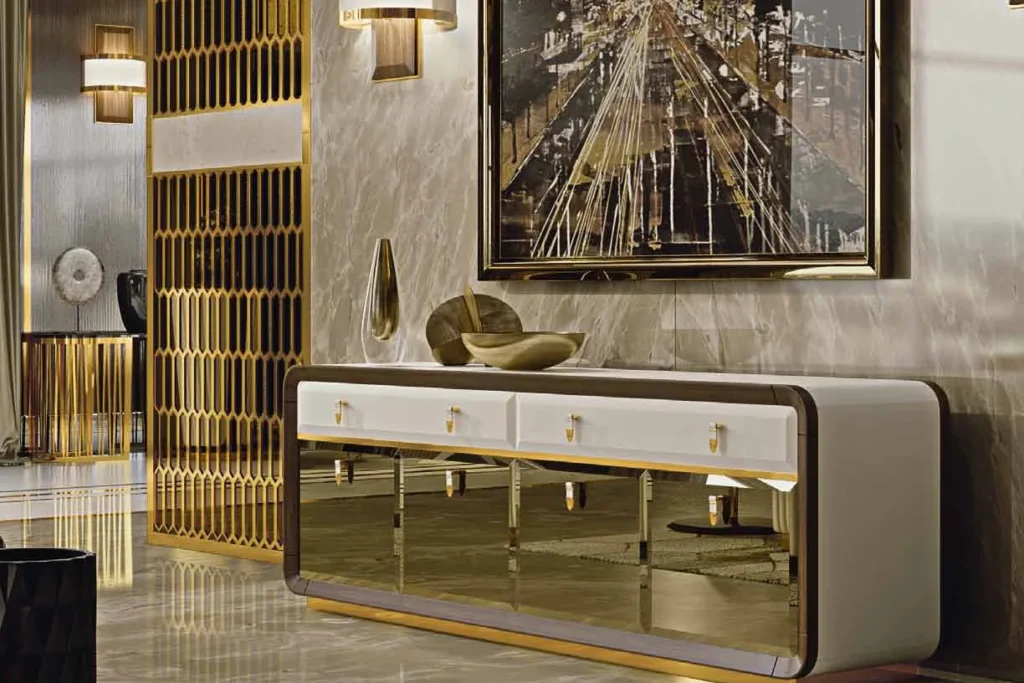 Lifestyle catalogue: cream sideboard with mirrored gold doors