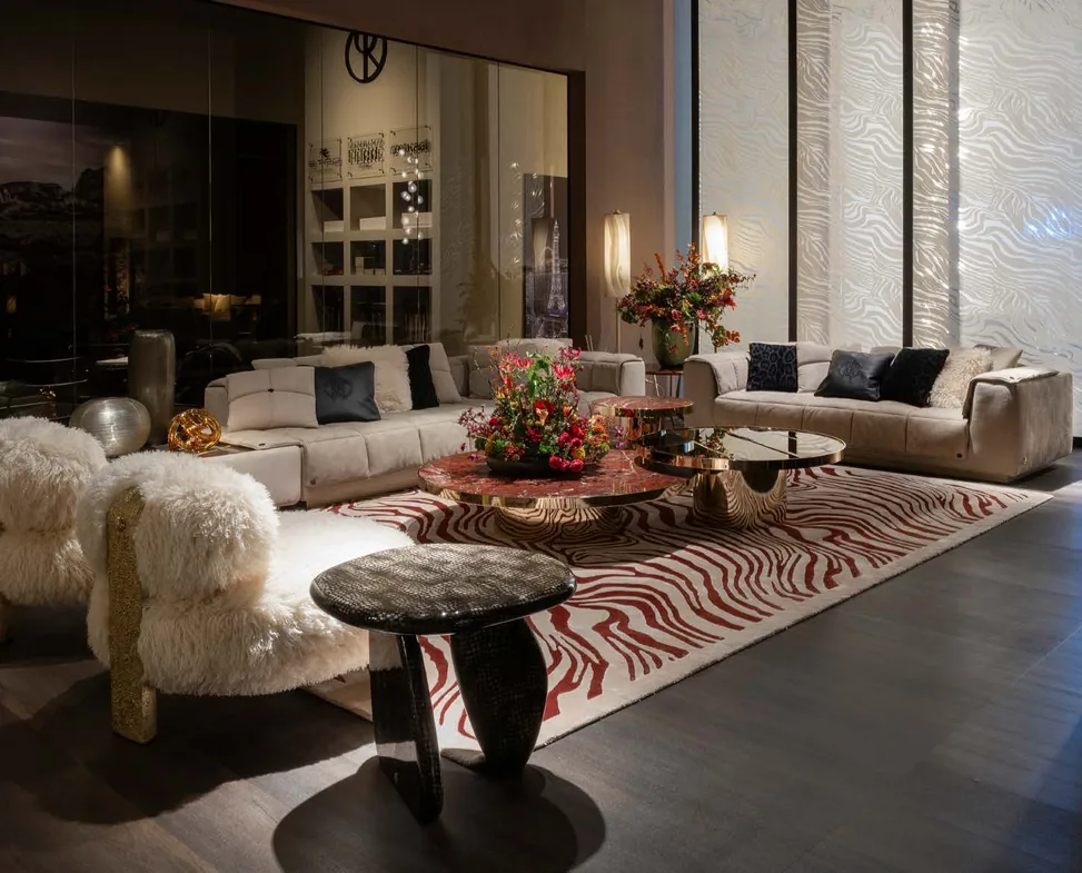 Luxury living room with a sectional sofa and two shaggy armchairs