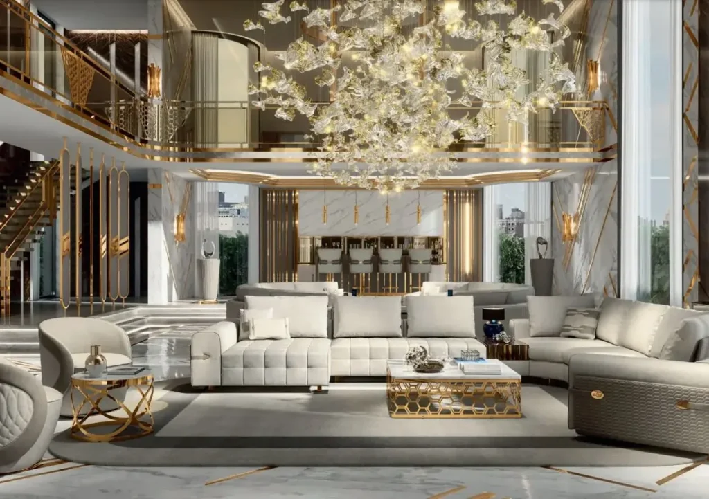Dubai villa living room under a large glass leaf chandelier