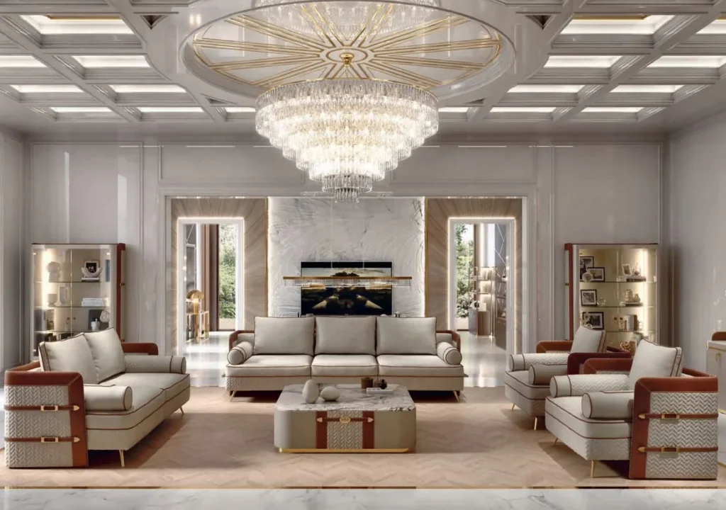 London apartment living room with a crystal chandelier and cream sofas