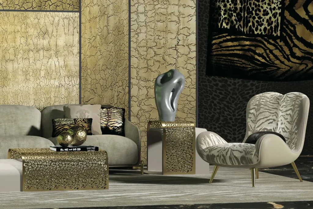 Wild Collection catalogue: tiger-print armchair beside gold side tables
