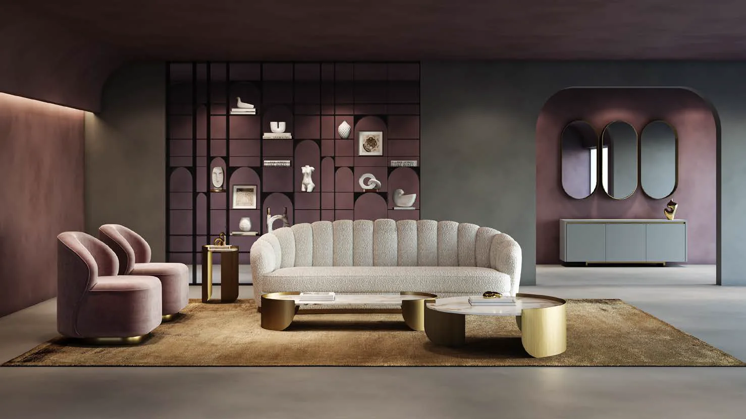 Italian living room designed by Naurelle with a channel-tufted white sofa, mauve armchairs and a lacquered shelving wall
