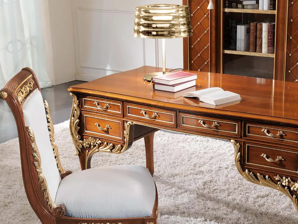 Luxury IV catalogue: classic walnut writing desk with gilded carvings and a white upholstered chair
