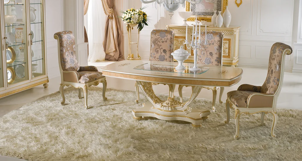 Edo and Louvre catalogue: ivory and gold classic dining table with floral upholstered chairs