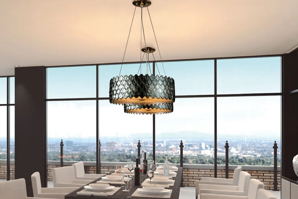Gallery Lighting catalogue: two-tier smoked glass pendant over a dining table with a city view