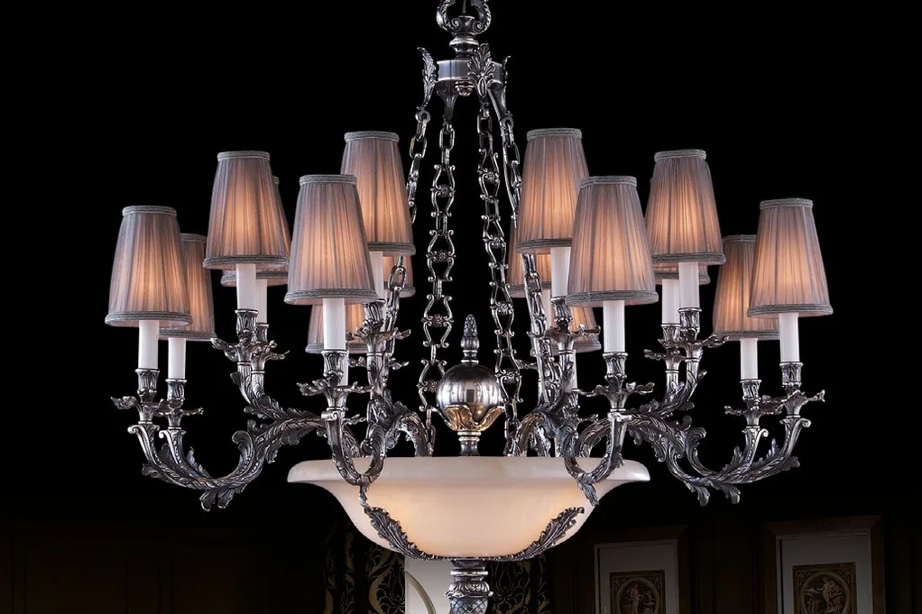 Mar Lighting catalogue: pewter chandelier with pleated shades and an alabaster bowl