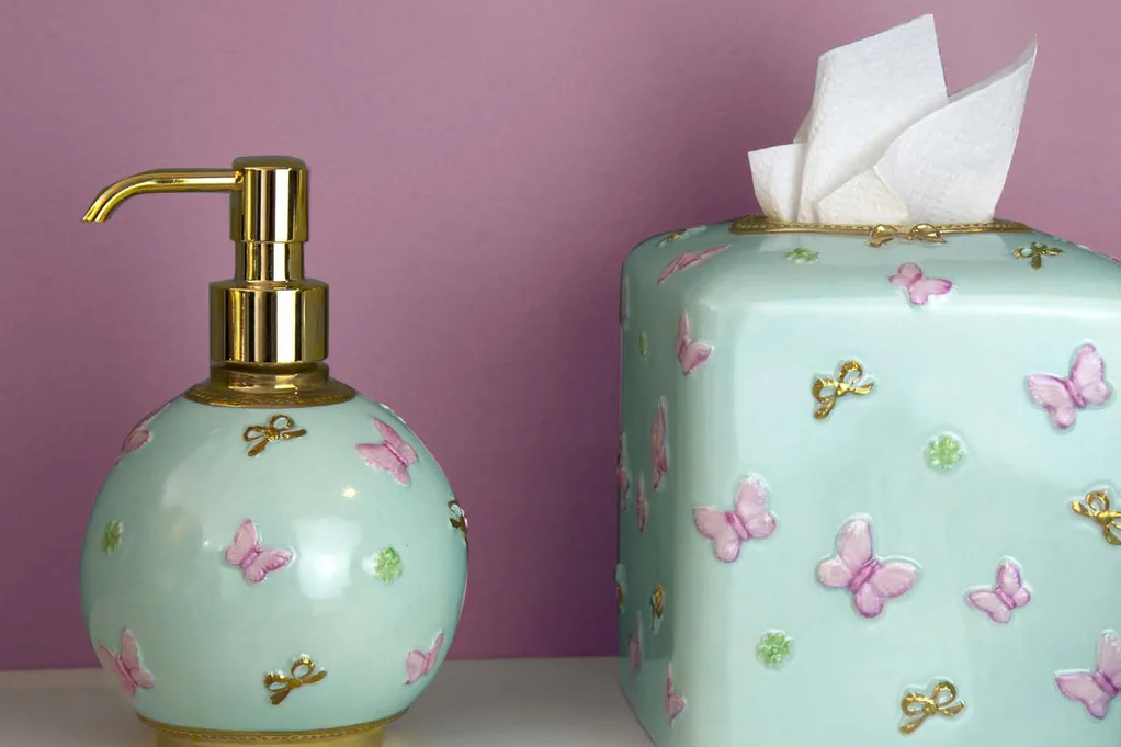 Villari Lifestyle catalogue: celadon porcelain soap dispenser and tissue box with butterflies