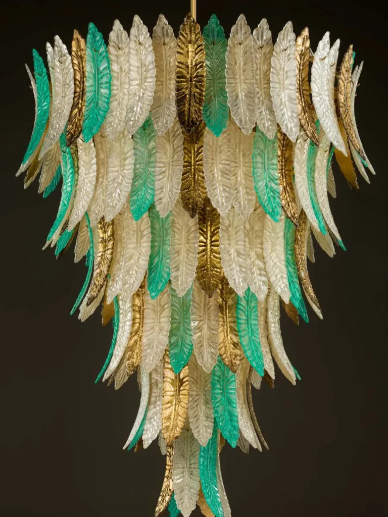 Villari Home Couture: chandelier of green and gold Murano glass leaves