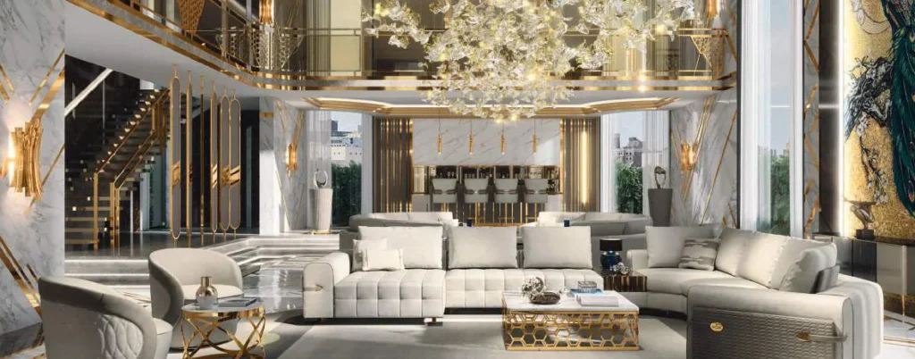 Avant Garde: double-height living room with curved sofas and a feather chandelier