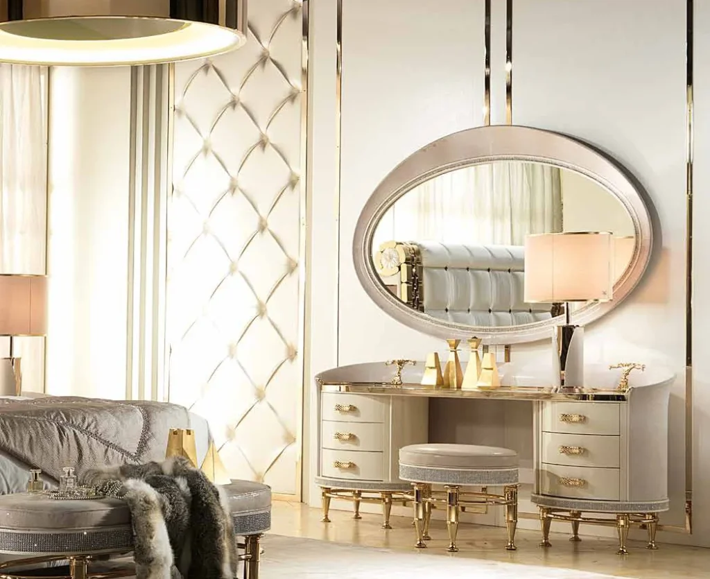 Lilium: classic-modern bedroom with a tufted headboard and oval mirror vanity